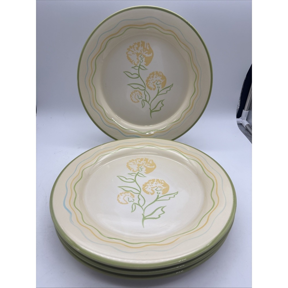 Vintage Kmart 11" Dinner Plates Floral Green Yellow Blue Striped Green Edges